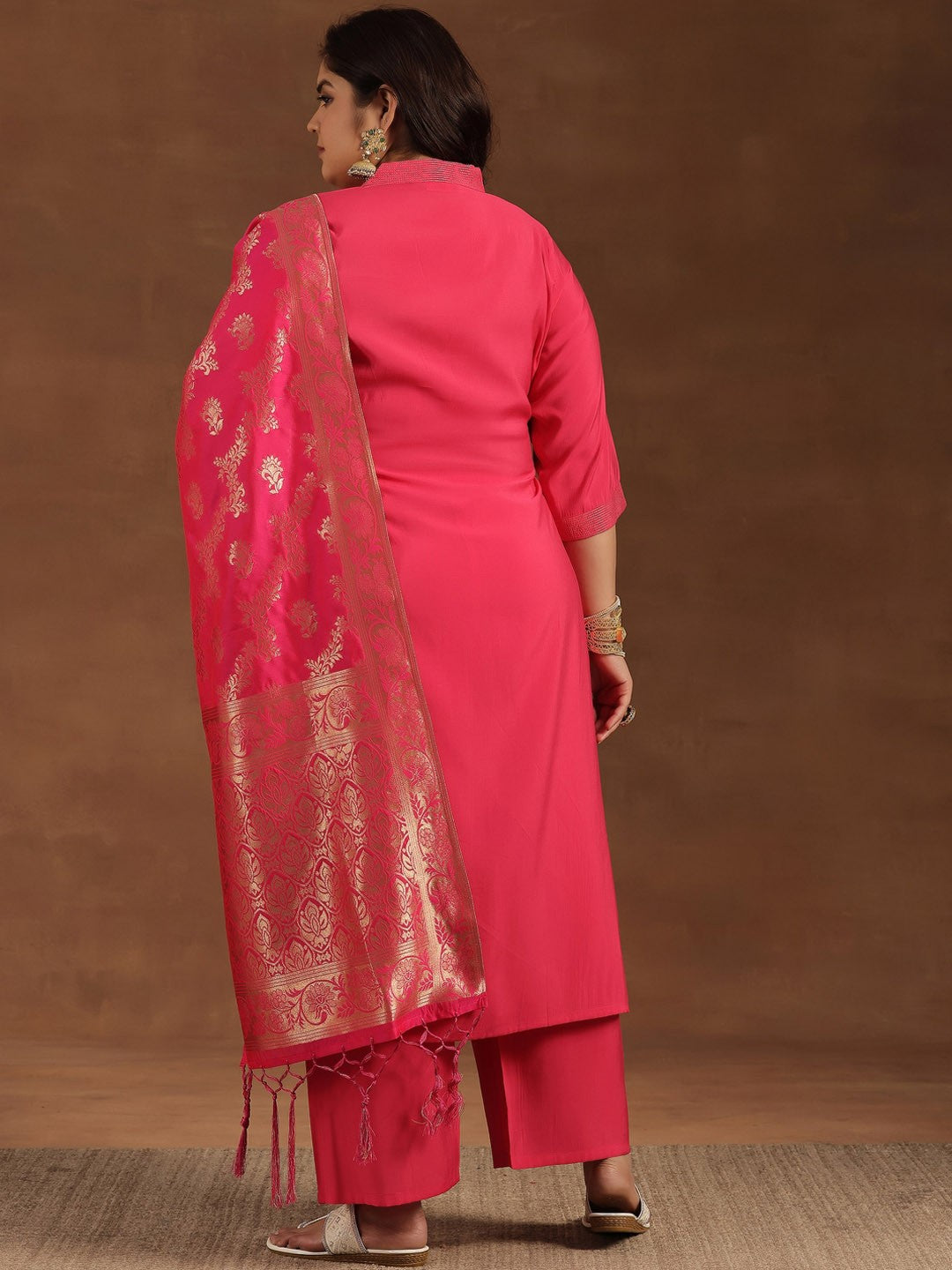 Plus Size V-Neck Regular Straight Kurta With Palazzos & Dupatta