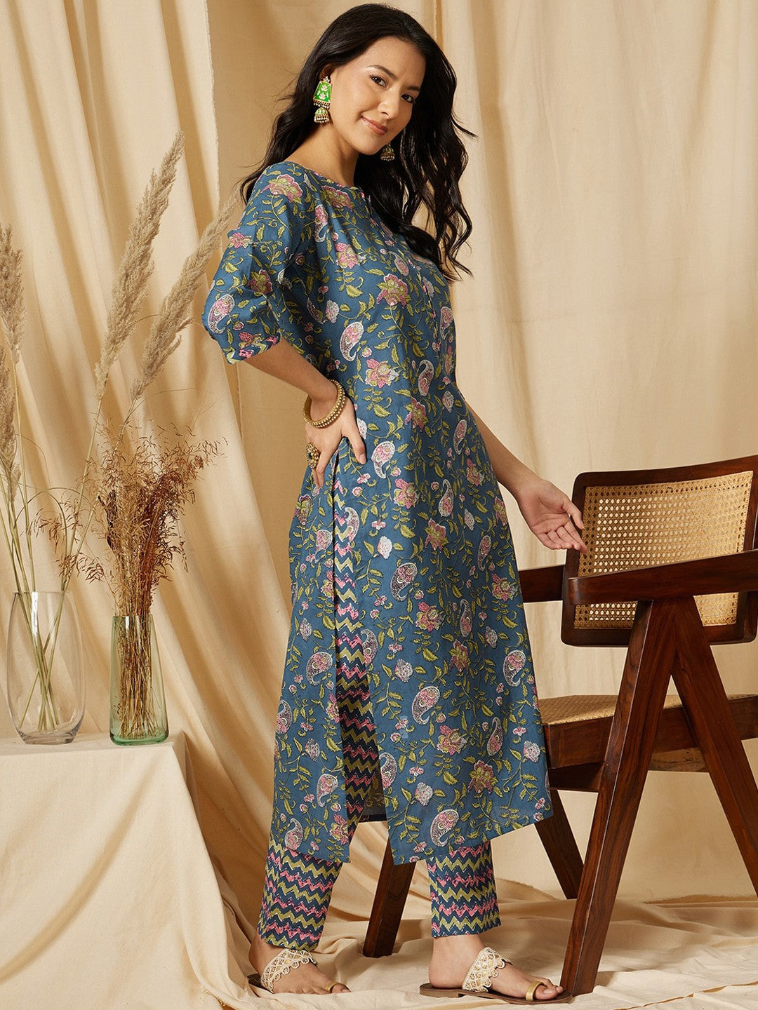 Notch Neck Floral Printed Pure Cotton Kurta with Palazzo & Dupatta