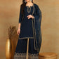 Blue Yoke Design Straight Kurta with Trousers & Dupatta