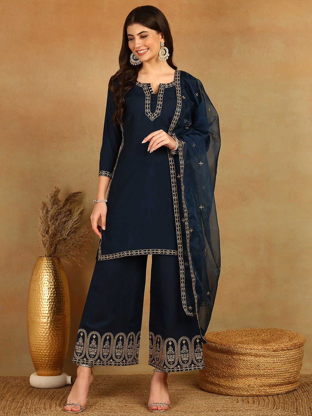 Blue Yoke Design Straight Kurta with Trousers & Dupatta