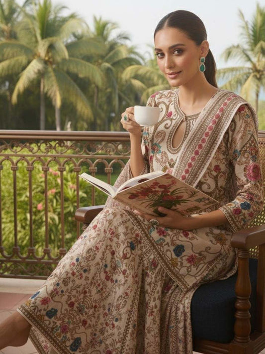Women Floral Printed Regular Silk Crepe Kurta with Sharara & With Dupatta