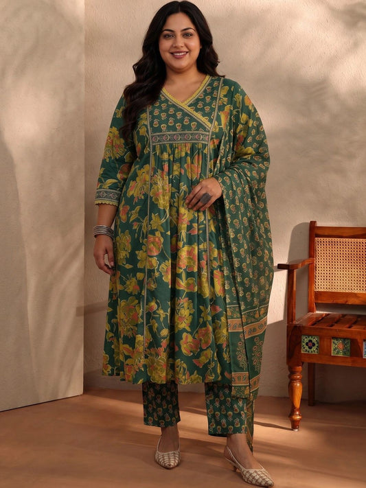 Women Floral Printed Angrakha Kurta with Trousers & With Dupatta