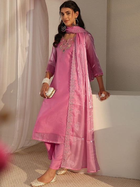 Women Pink Floral Embroidered Tissue Straight Suit Set with Dupatta
