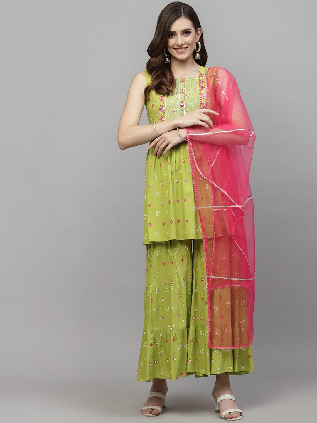 Round Neck Bandhani Embroidered Pleated A-Line Kurti With Sharara & Dupatta