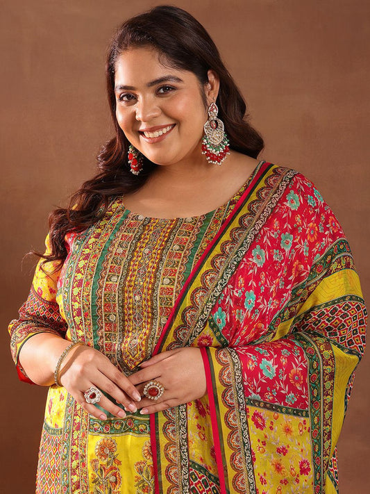Extra Love By Libas Plus Size Women Ethnic Motifs Printed Kurta with Palazzos & Dupatta