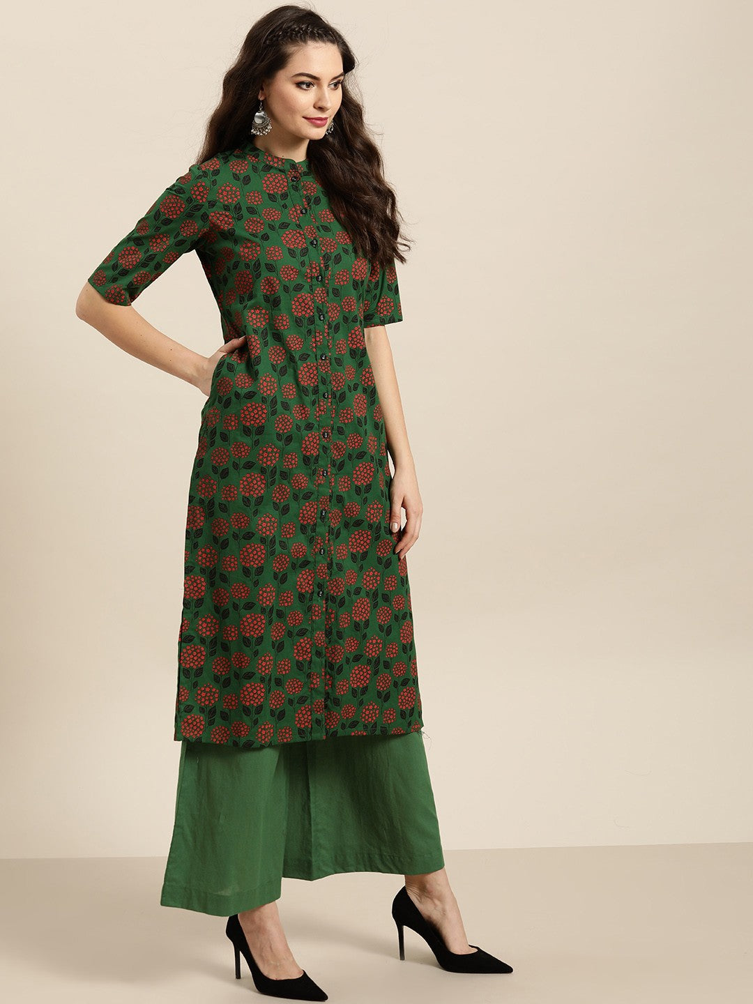 Women Green & Red Pure Cotton Printed Kurta with Palazzos