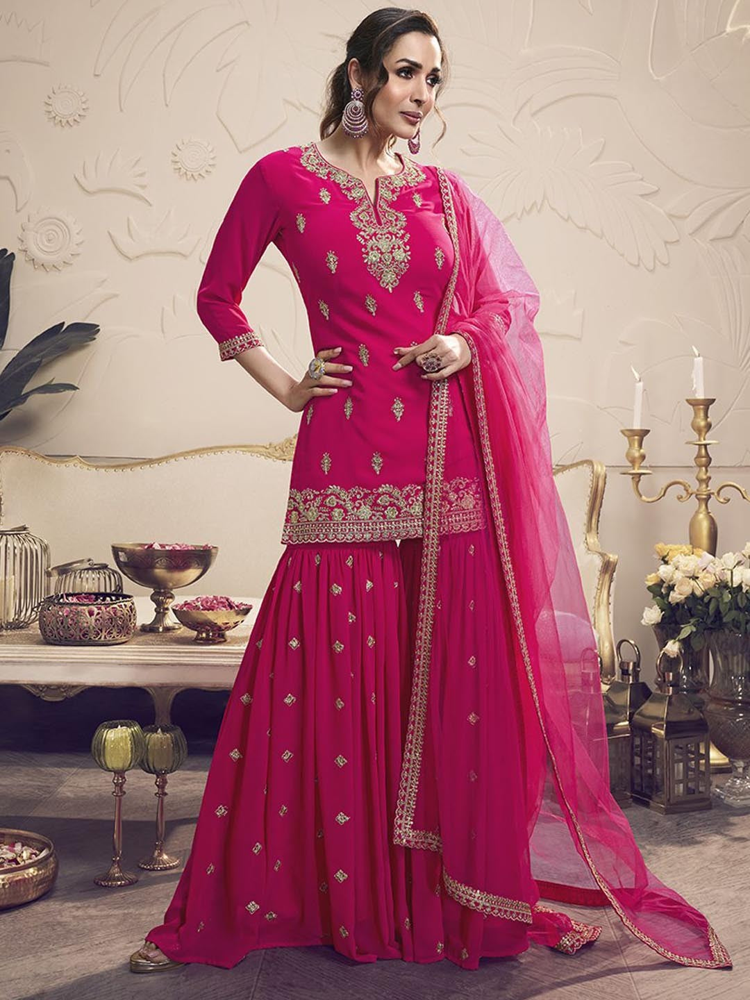 Floral Embroidered Regular Georgette Straight Kurti With Sharara & Dupatta