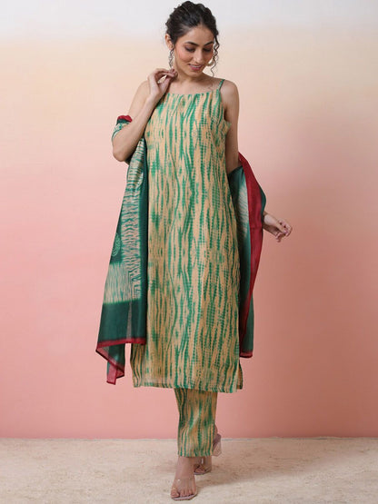 Abstract Printed Sleeveless Chanderi Silk Straight Kurta With Trousers & Dupatta