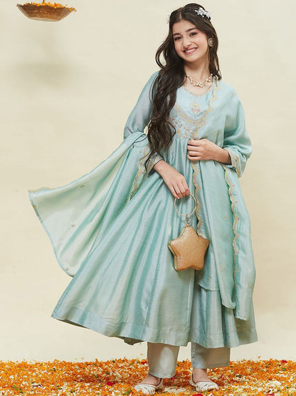 Girls Silk Embroidered Anarkali Kurta and Pant Set with Dupatta
