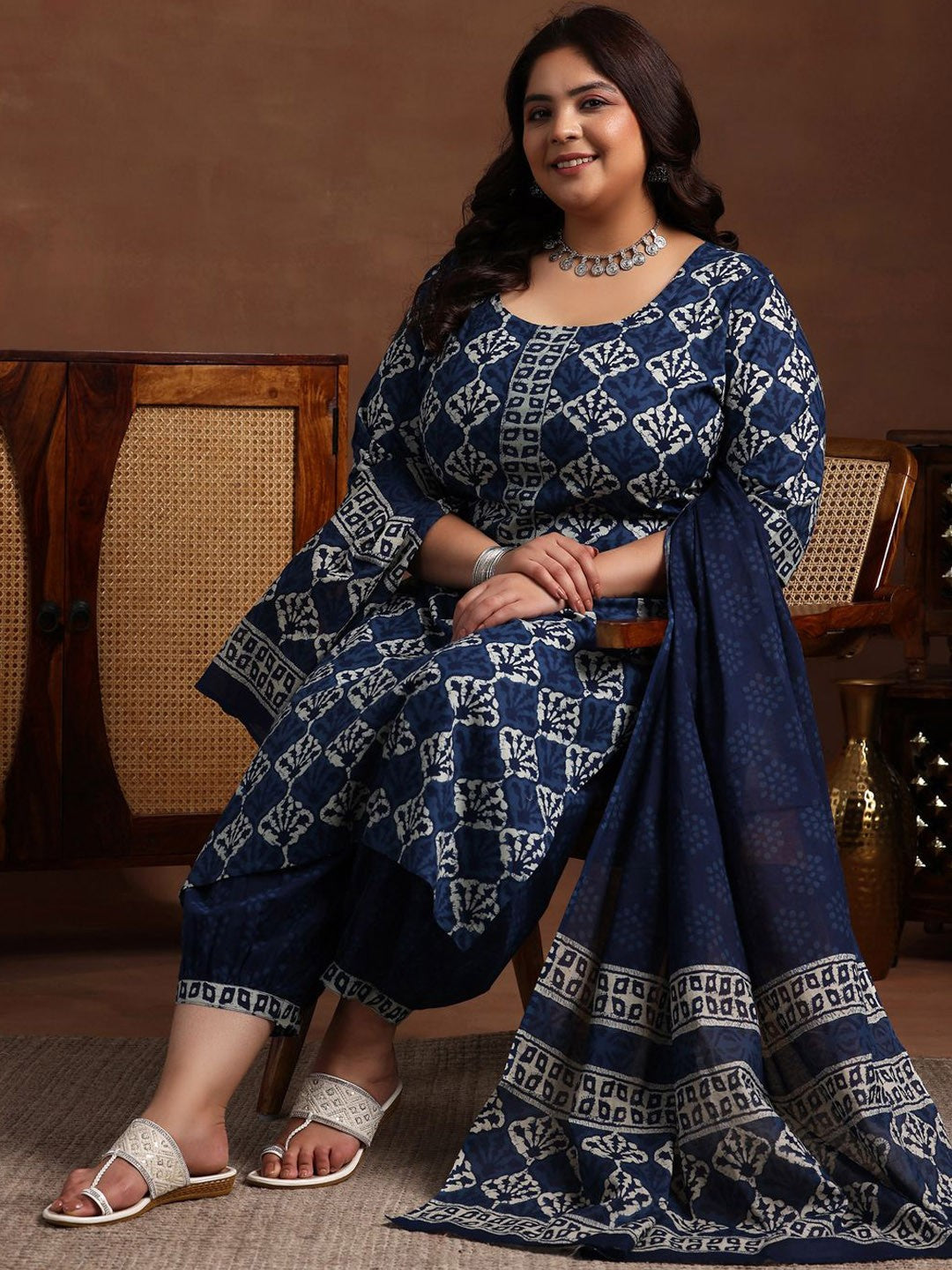 Plus Size Ethnic Motif Printed Pure Cotton Kurta with Salwar & Dupatta