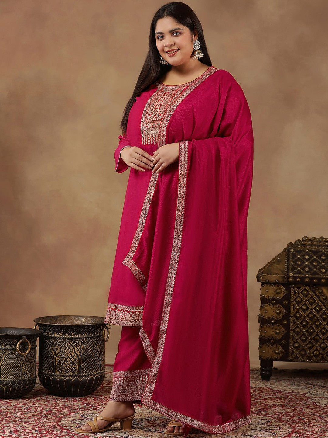 Plus Size Ethnic Motifs Embroidered Thread Work Kurta Trousers & With Dupatta