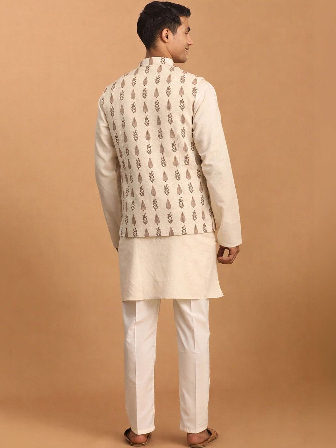 Men Pure Cotton Regular Mid-Length Kurta Set with Printed Nehru Jacket