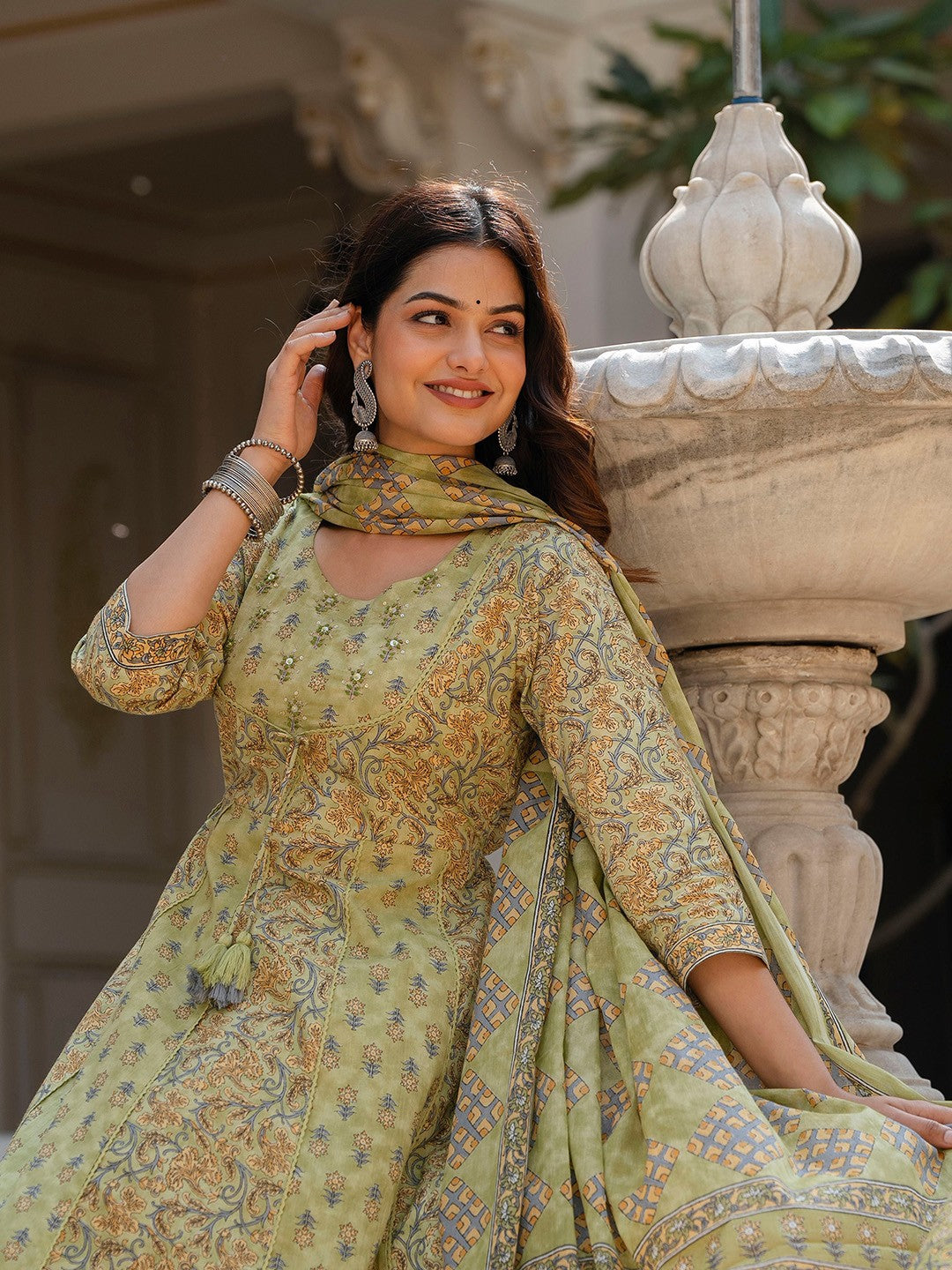 Green Floral Printed Panelled Pure Cotton Anarkali Kurta With Trousers & Dupatta