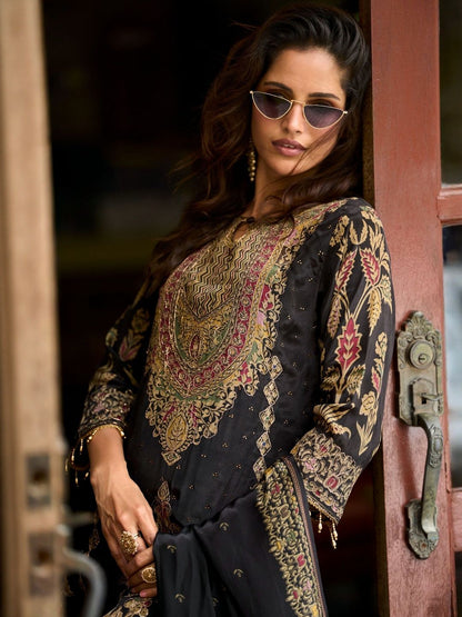 Ethnic Motifs Printed Pure Silk Straight Kurta With Trousers & Dupatta