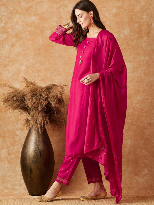 Pink Square Neck Kurta With Trouser & Dupatta