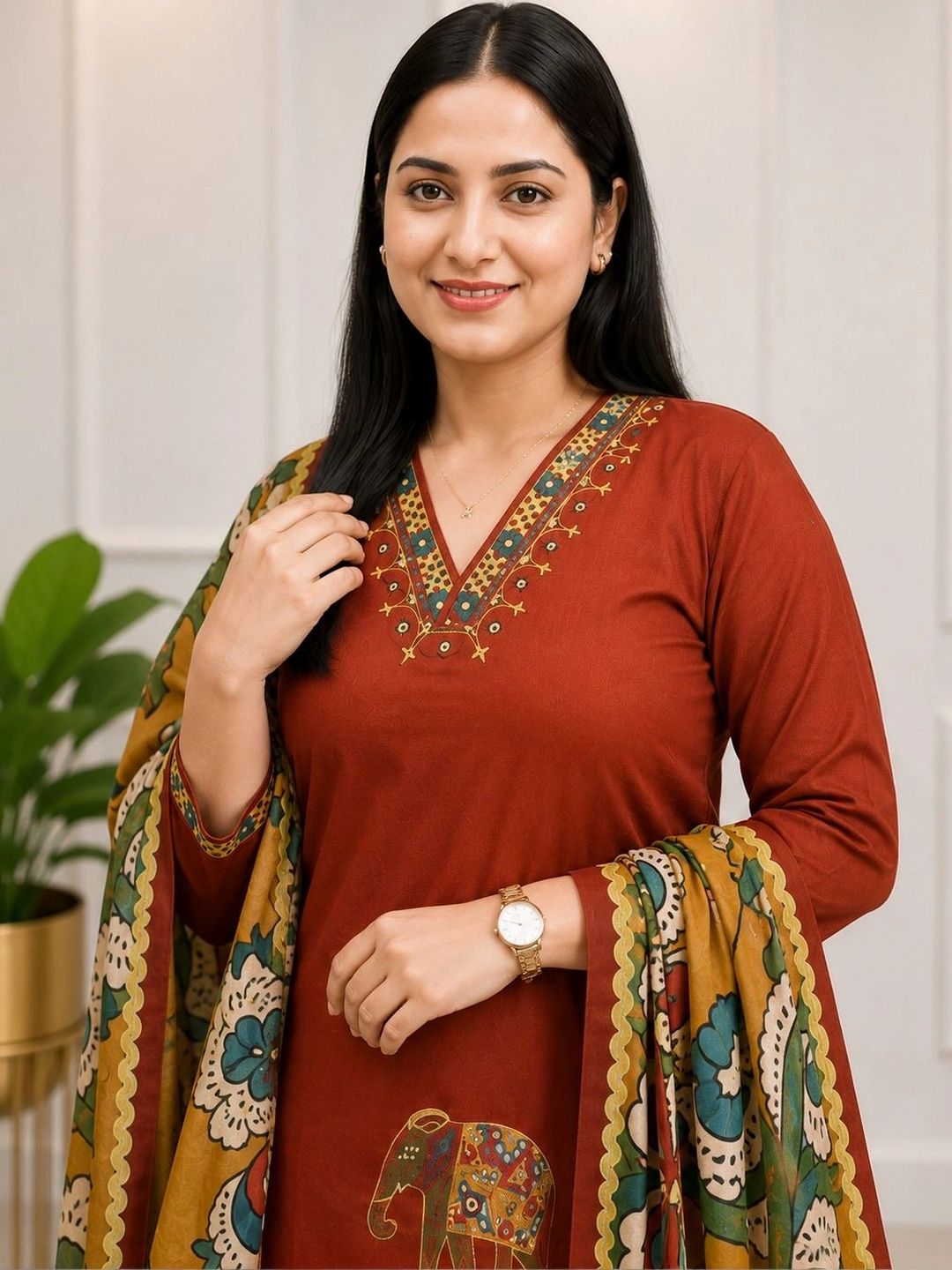 Women Ethnic Animal Printed Regular Thread Work Kurta with Trousers & With Dupatta