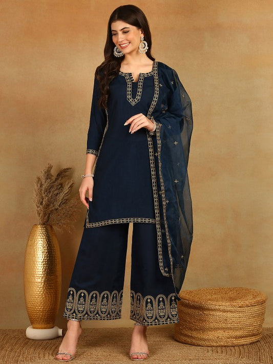 Floral Embroidered Straight Kurta with Palazzos & Dupatta