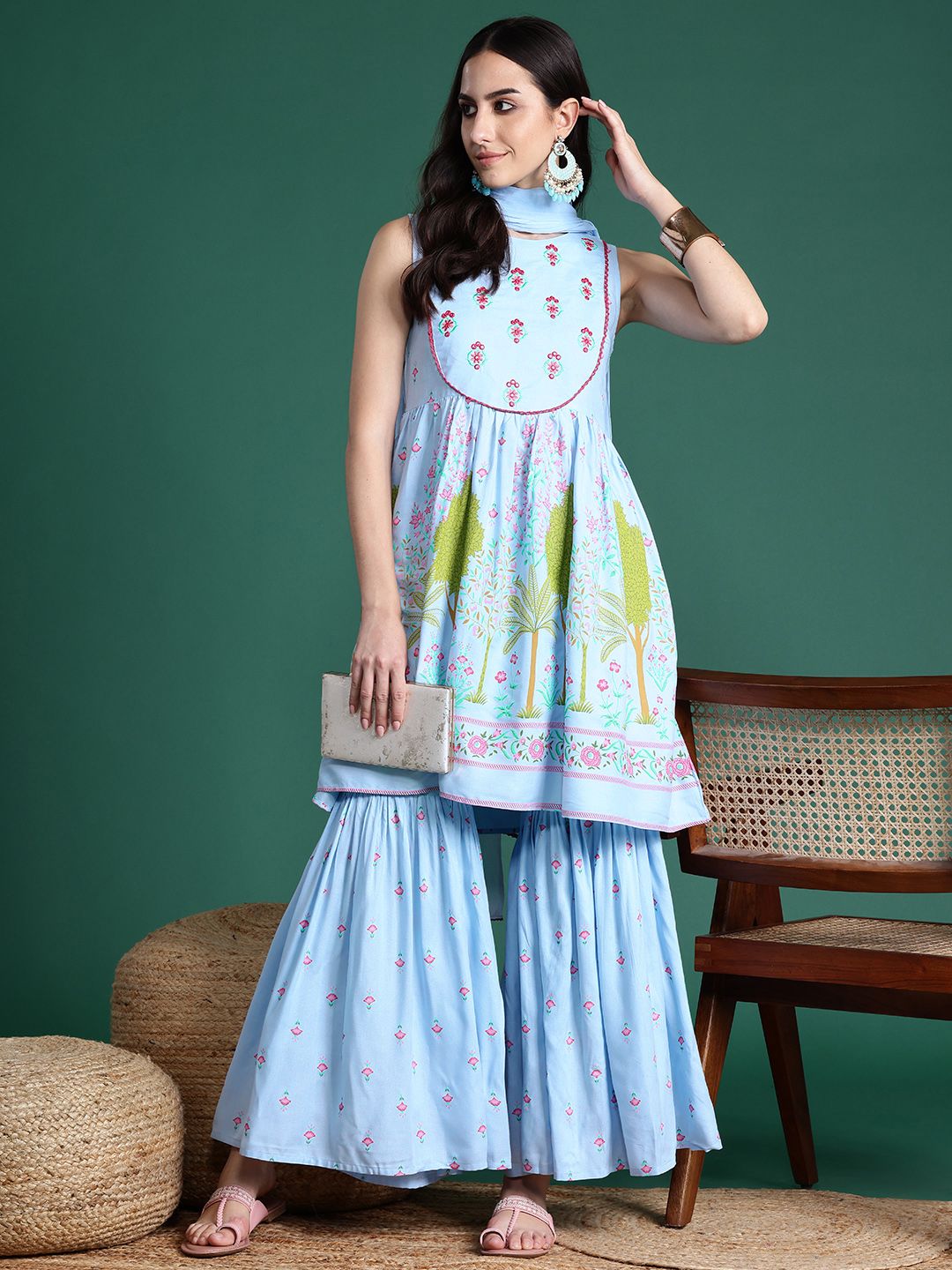 Printed Mirror Work Kurta with Sharara & Dupatta