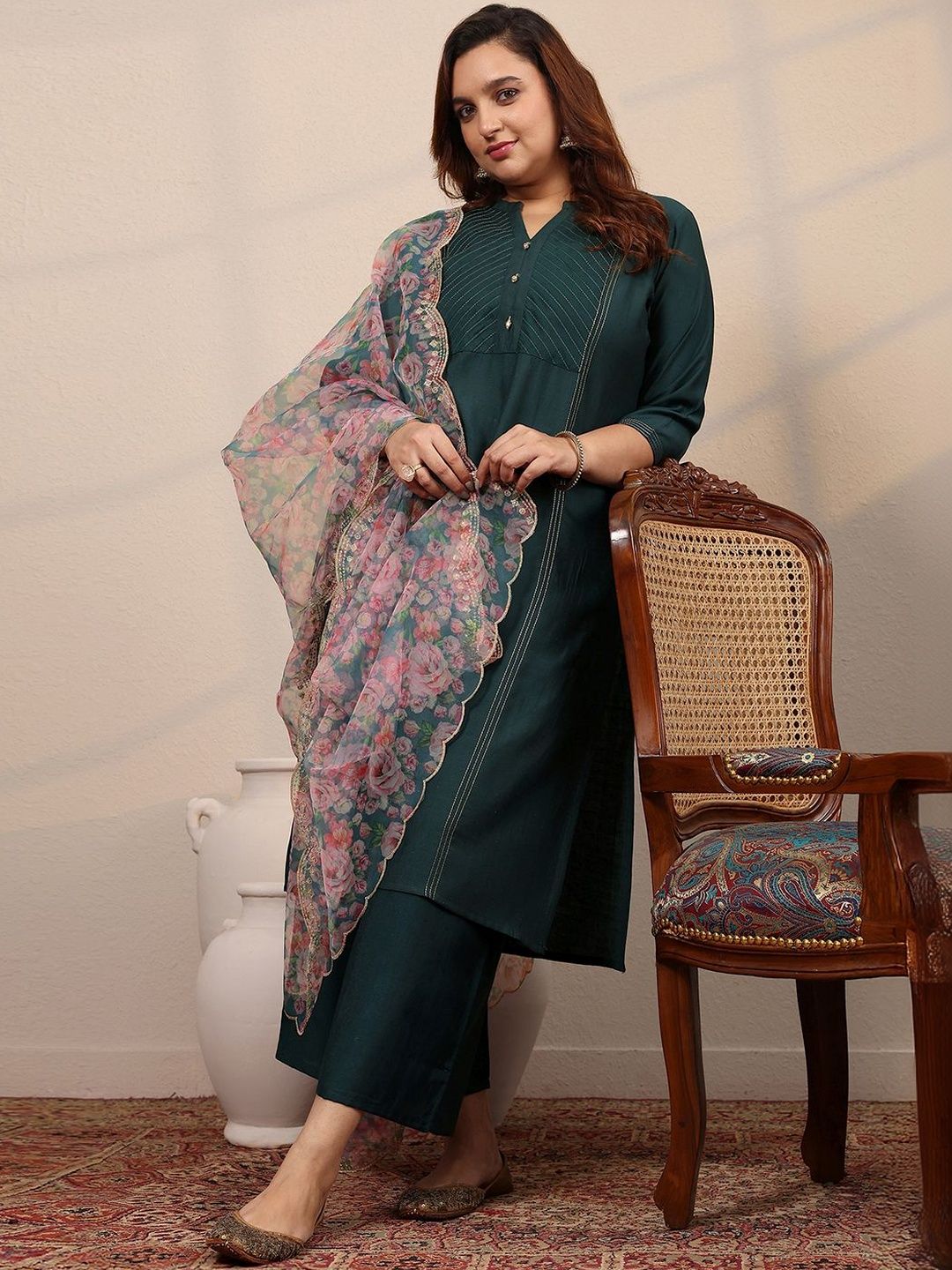 Plus Size Floral Embroidered Kurta with Palazzos & With Dupatta