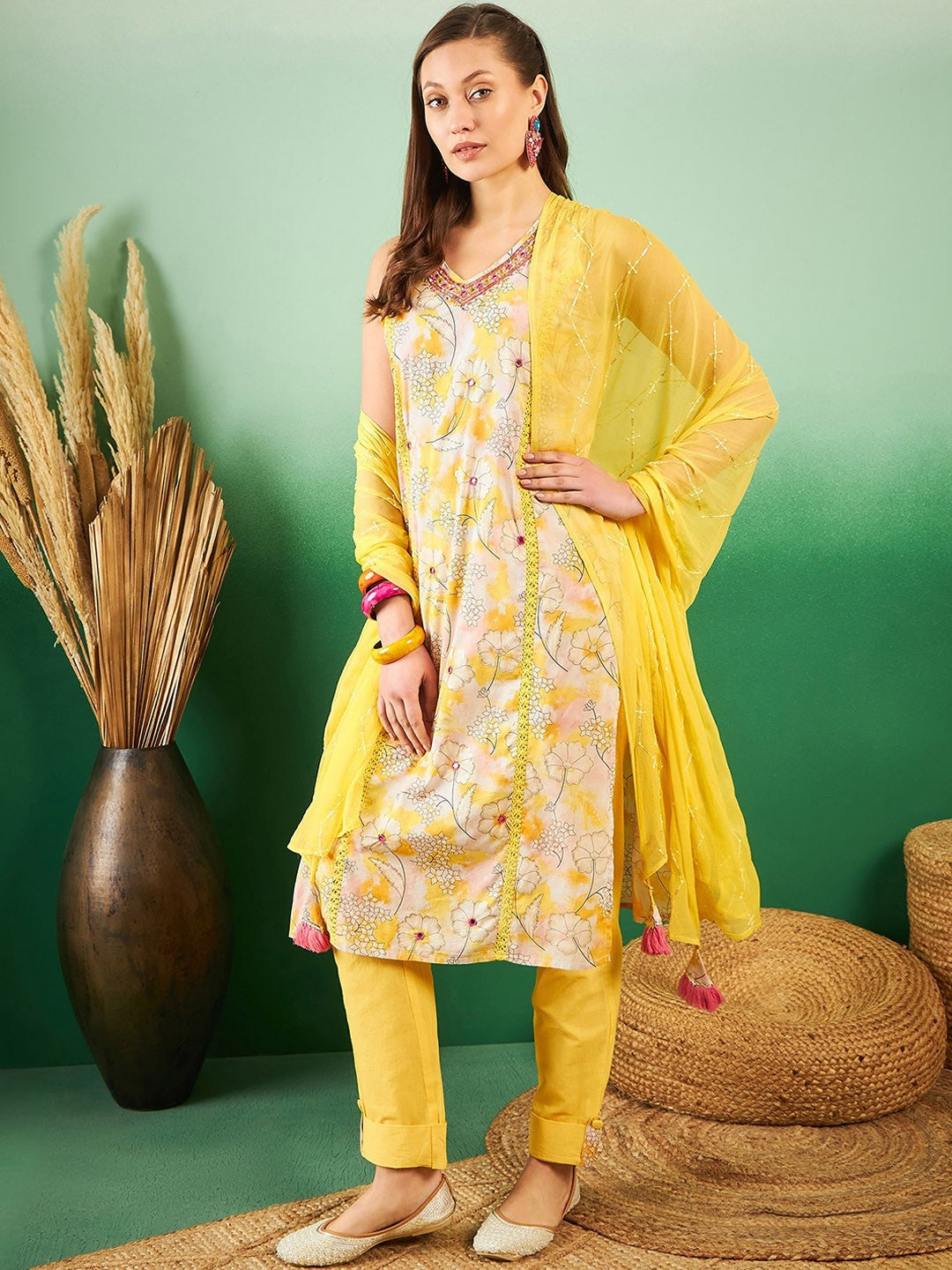 Floral Printed Pure Cotton V-Neck Kurta With Trousers & Dupatta