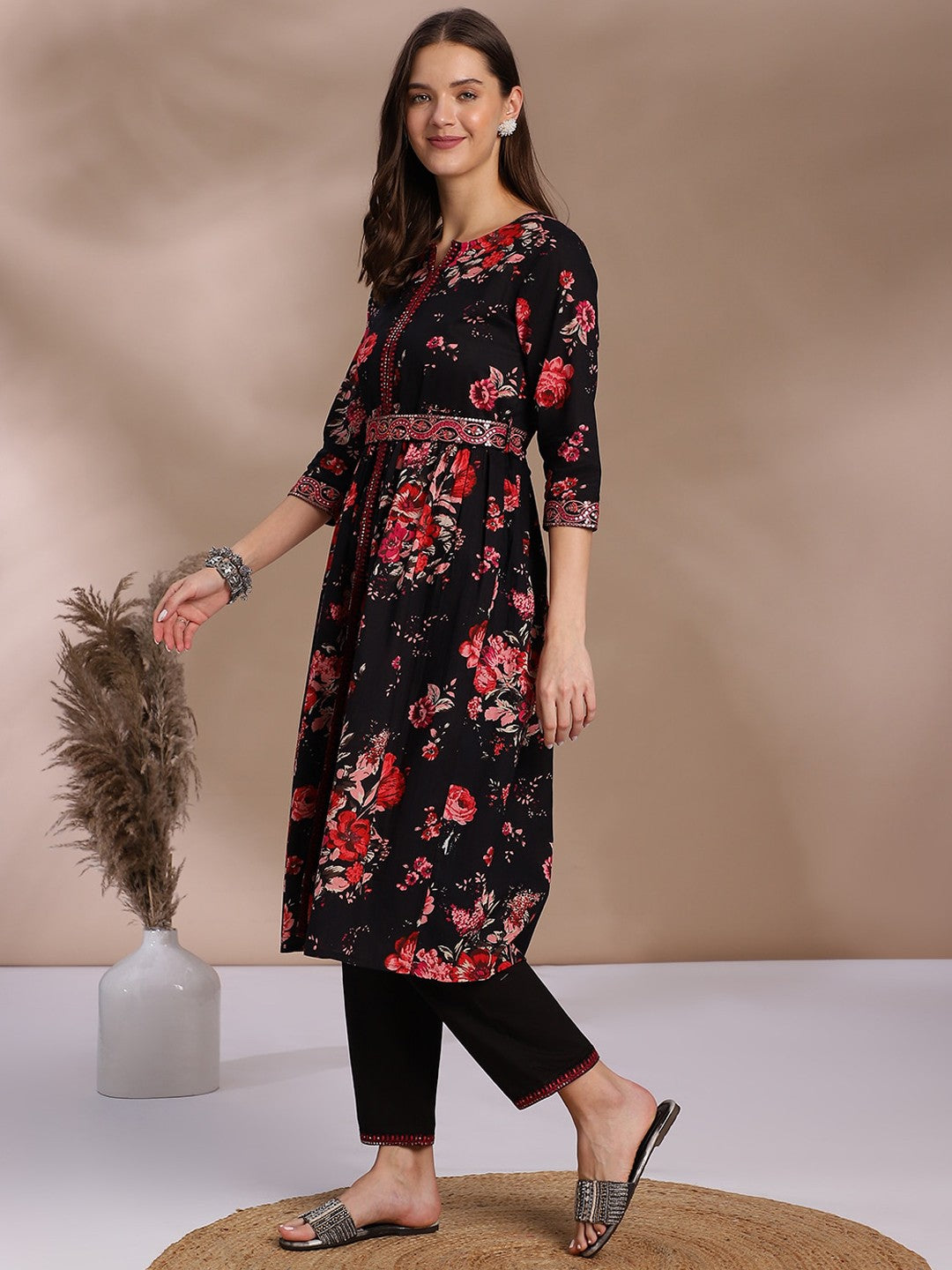 Black Floral Printed Sequinned Detailed Pure Cotton A-Line Kurta With Trouser