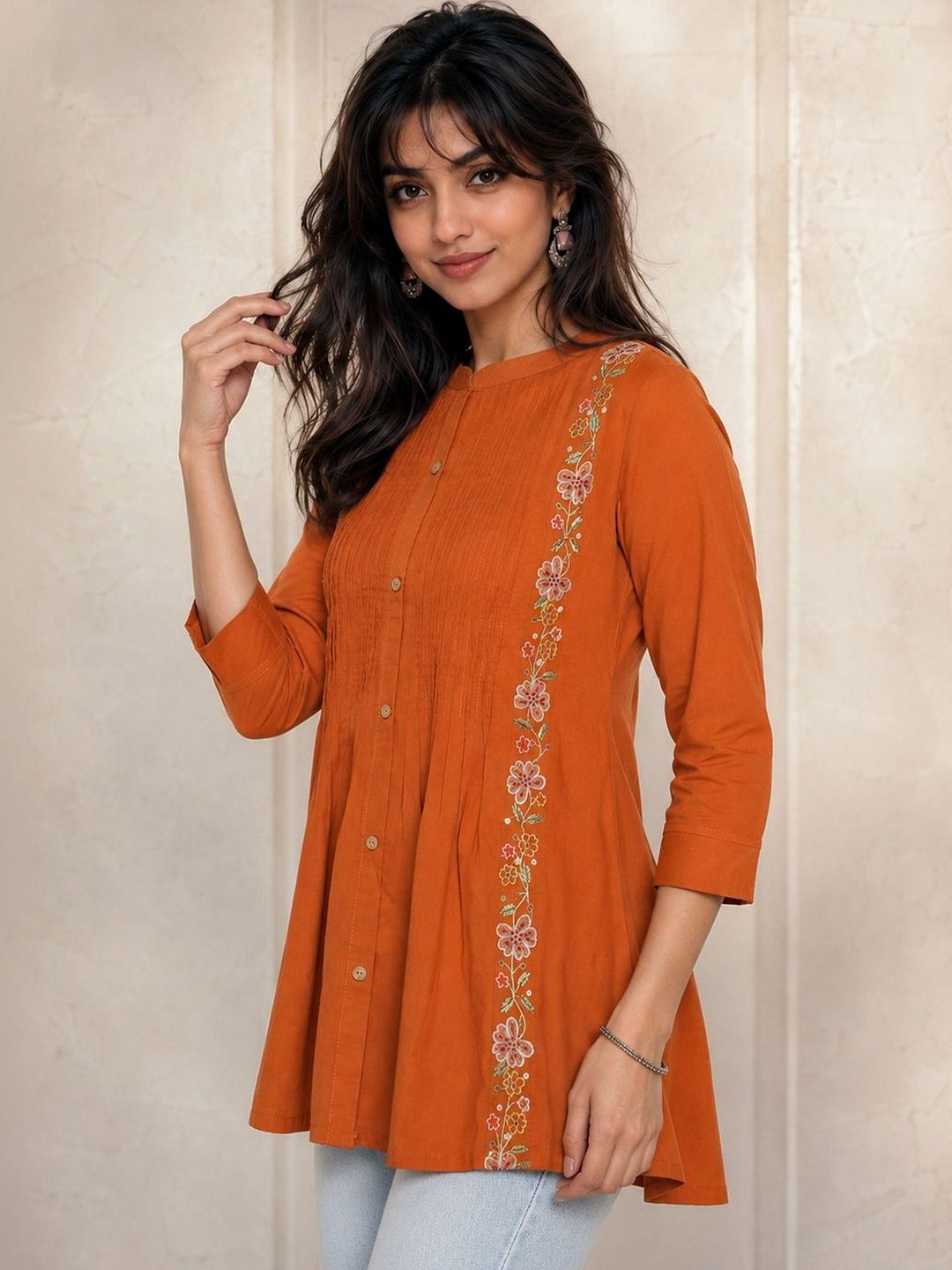 Women Mandarin Collar Embroidered Tunic