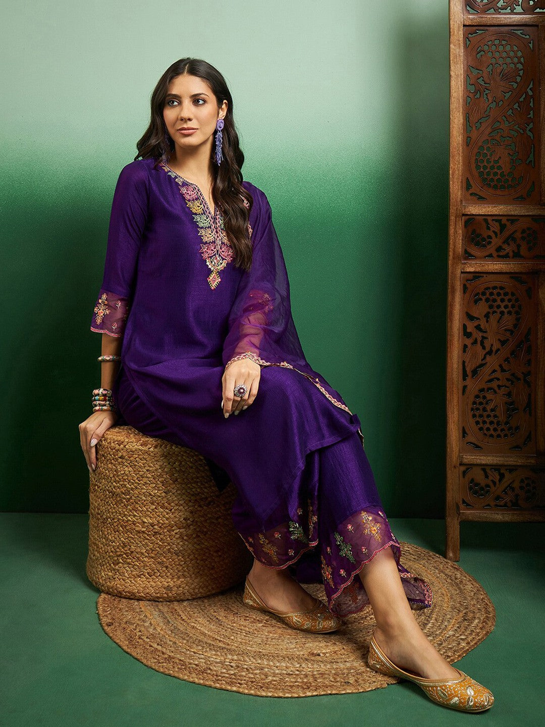 Embroidered Notch Neck Kurta With Plazzo & Dupatta