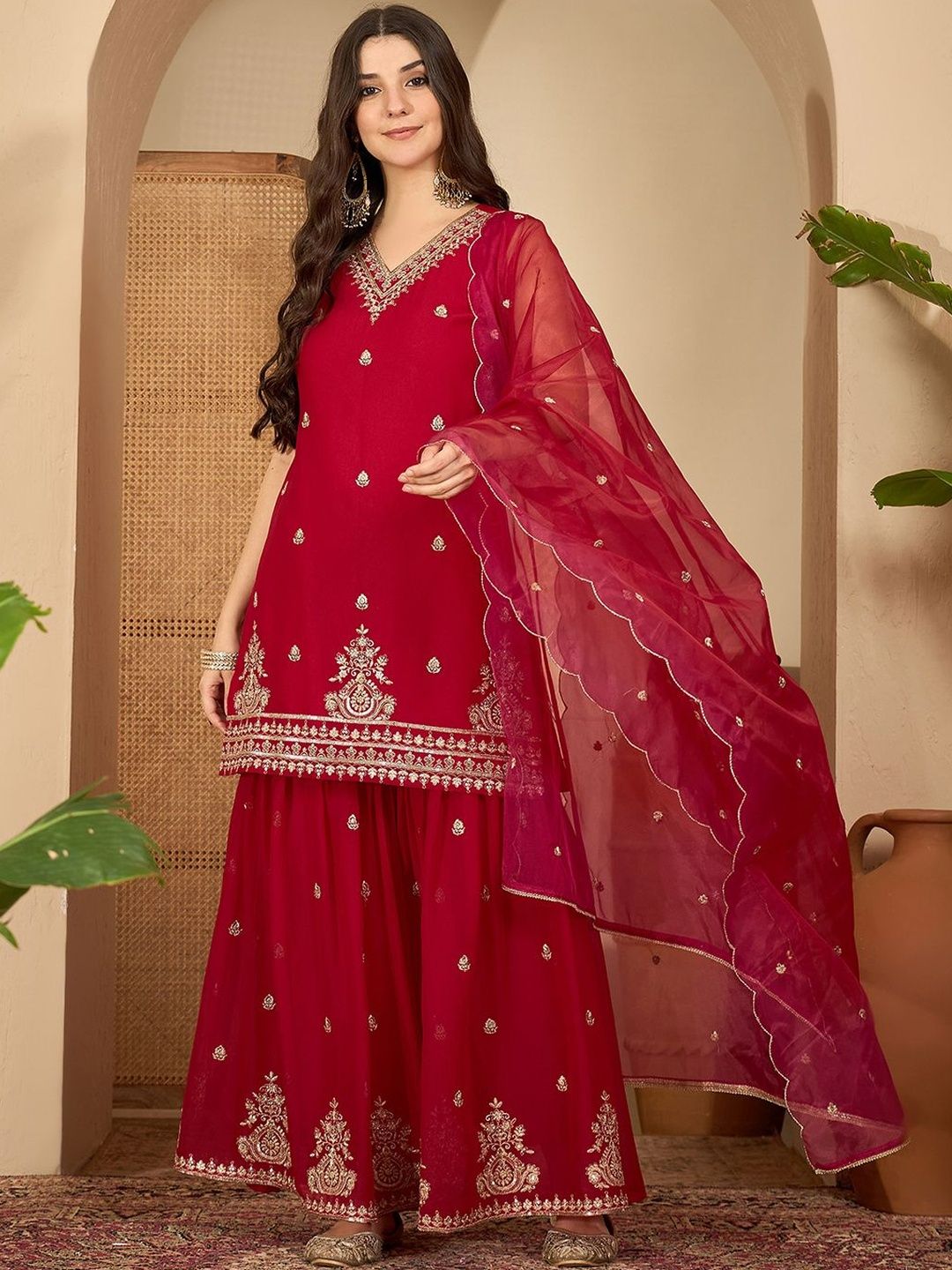 Floral Embroidered Thread Work Straight Kurta With Sharara & Dupatta