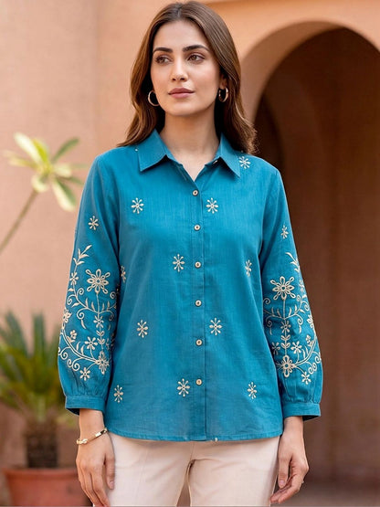 Women Shirt Collar Embroidered Ethnic Tunic