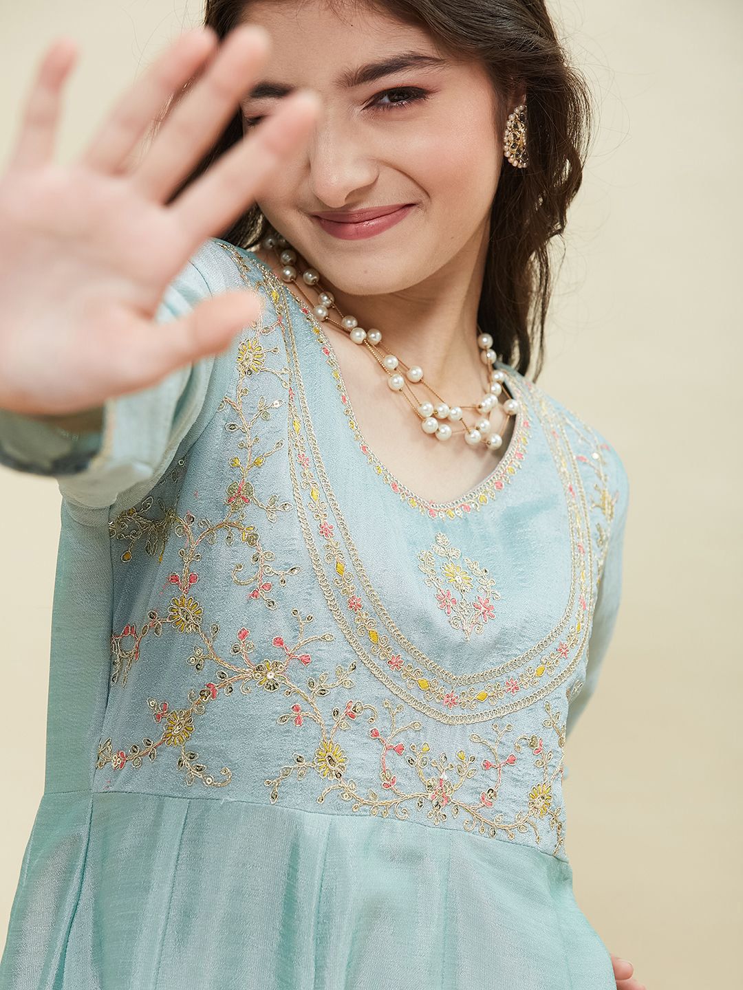 Girls Silk Embroidered Anarkali Kurta and Pant Set with Dupatta
