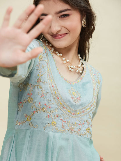 Girls Silk Embroidered Anarkali Kurta and Pant Set with Dupatta