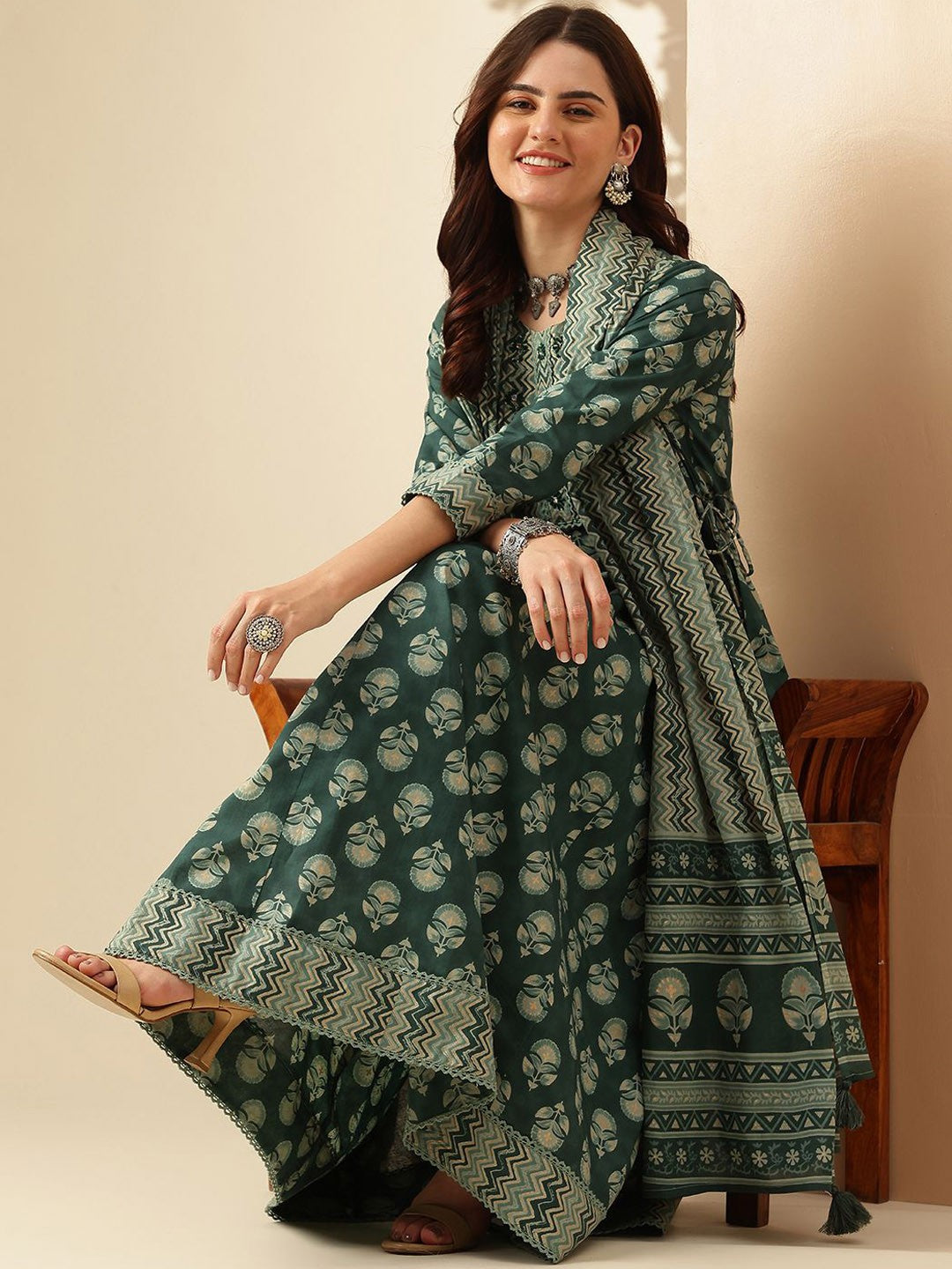 Green Floral Printed Aari Work Pure Cotton Anarkali Kurta with Trousers & Dupatta