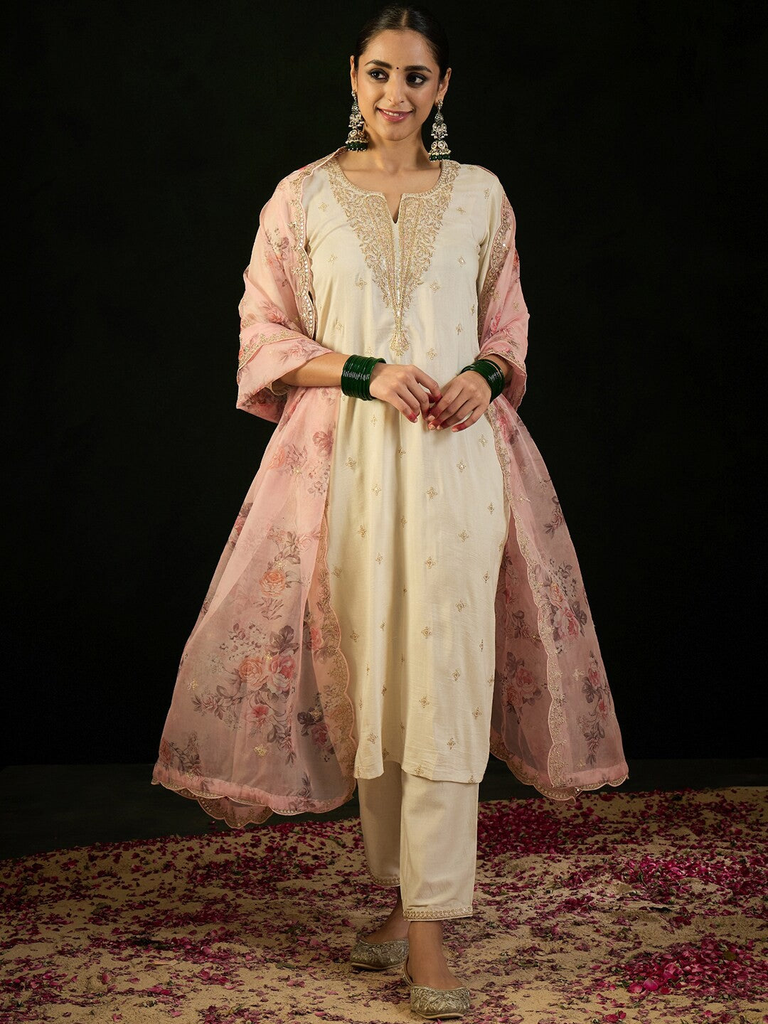 Notched Neck Floral Embroidered Kurta with Trouser & Dupatta