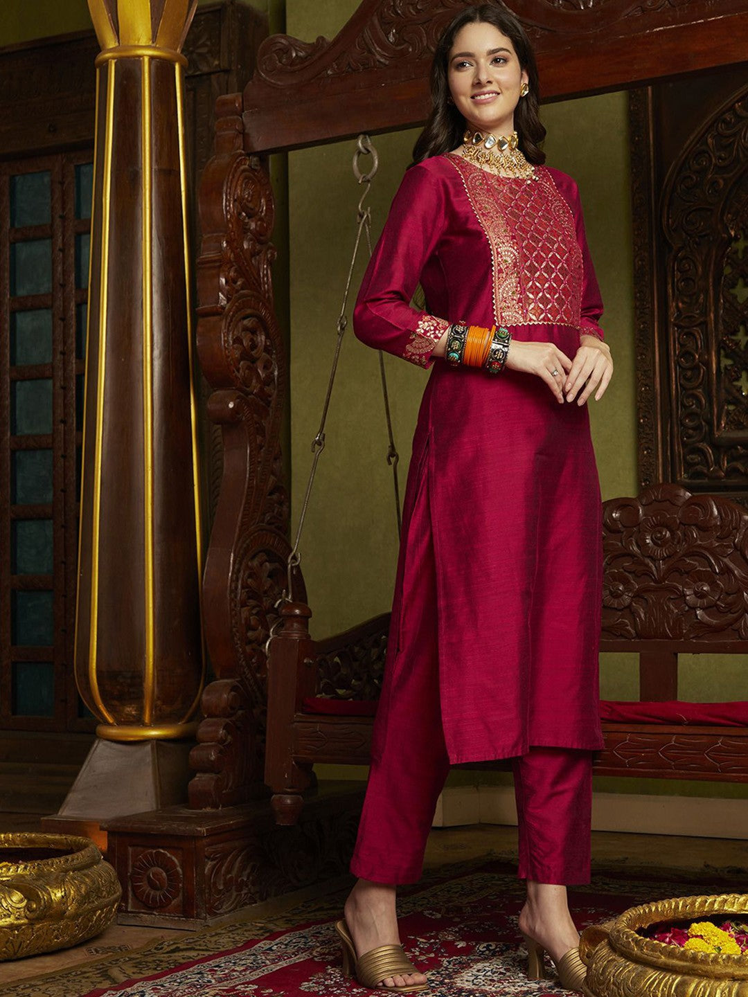 Embroidered Round-Neck Kurta With Trouser & Dupatta