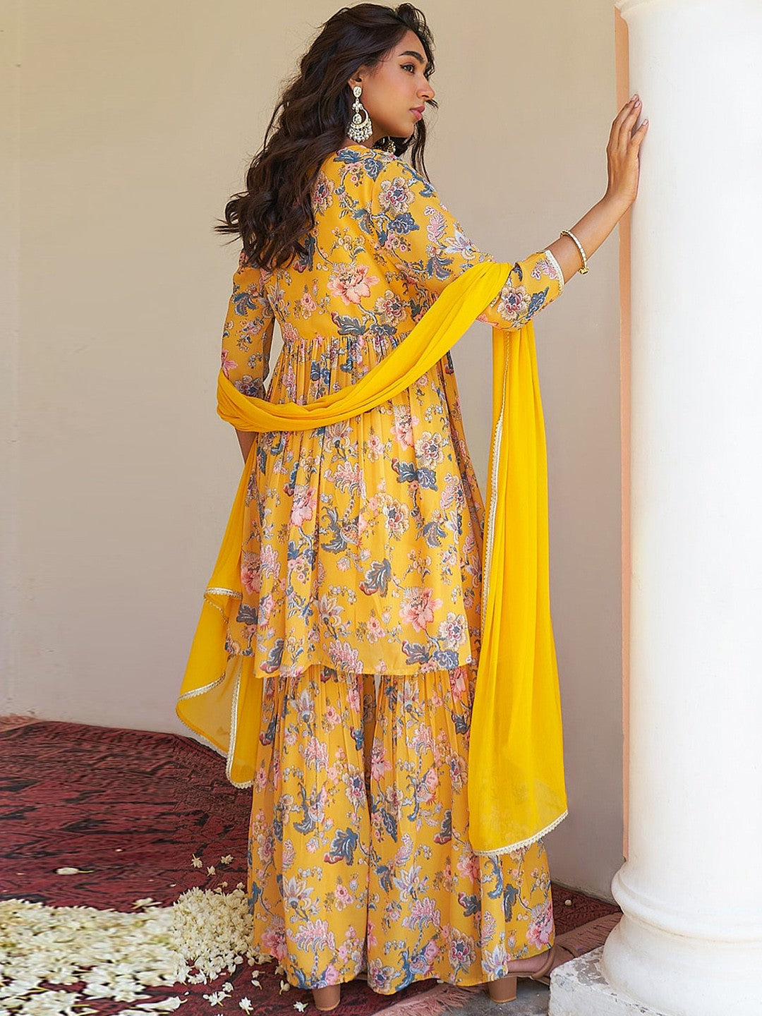 Floral Printed Regular Gotta Patti Kurta With Sharara & With Dupatta