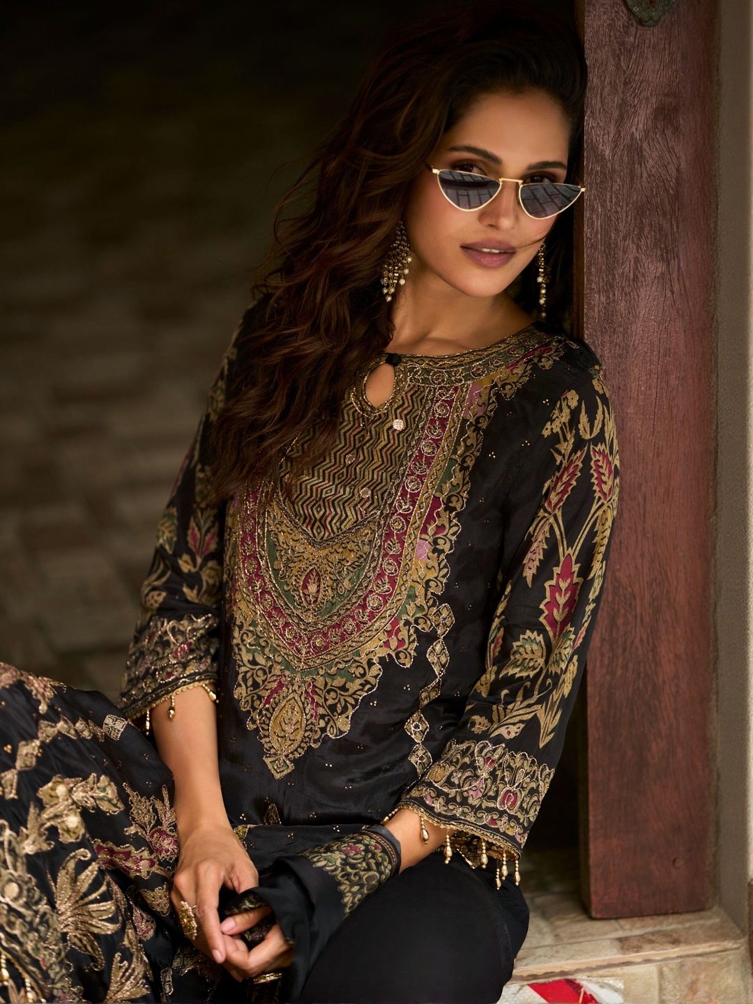 Ethnic Motifs Printed Pure Silk Straight Kurta With Trousers & Dupatta