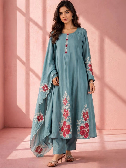 Women Floral Embroidered Regular Thread Work Kurta with Trousers & With Dupatta