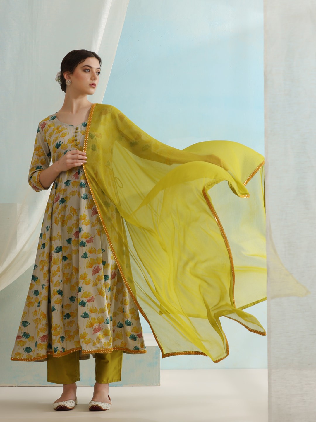 Round Neck Floral Printed Anarkali Kurta with Palazzo & Dupatta