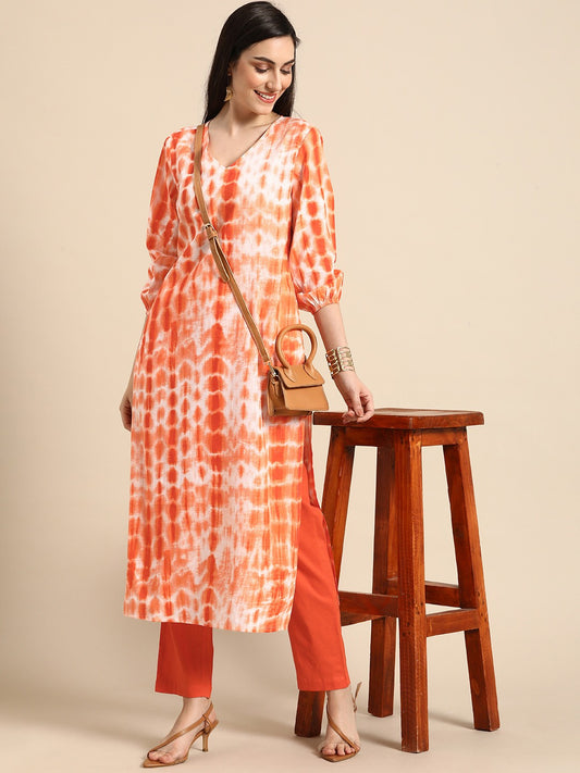 Women Orange Dyed Pure Cotton Kurta with Trousers