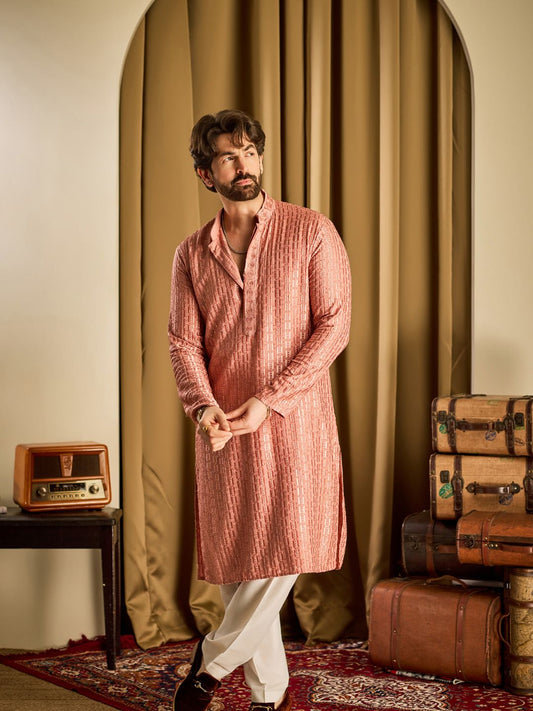 Ethnic Motifs Embroidered Mandarin Collar Sequinned Straight Kurta With Pyjamas