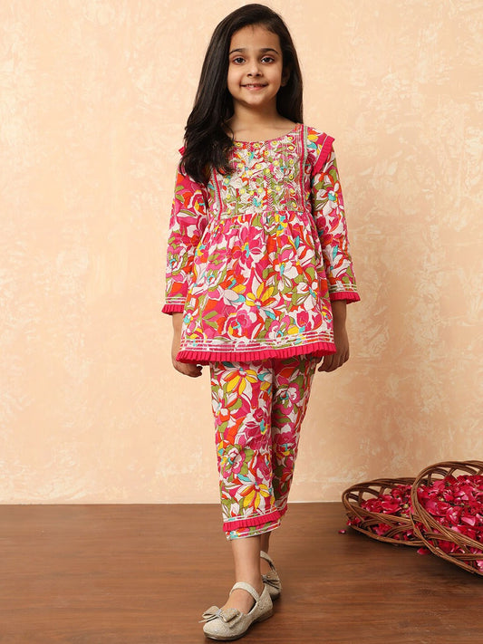 Girls Floral Printed Mirror Work Pure Cotton A-Line Kurti With Pyjamas