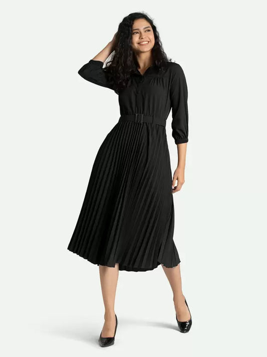 Women Trendy Pleated Black Dress