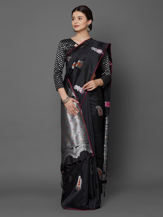 Black Silk Blend Printed Kanjeevaram Saree