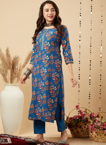 Floral Printed Regular Mirror Work Kurta with Trousers & Dupatta