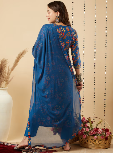 Floral Printed Regular Mirror Work Kurta with Trousers & Dupatta