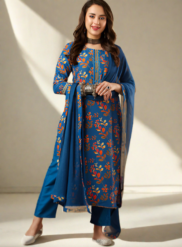 Floral Printed Regular Mirror Work Kurta with Trousers & Dupatta