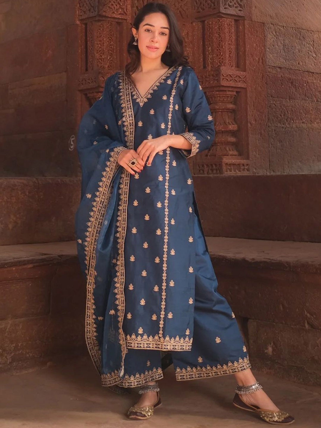 Floral Embroidered Sequinned Straight Kurta with Palazzos & Dupatta