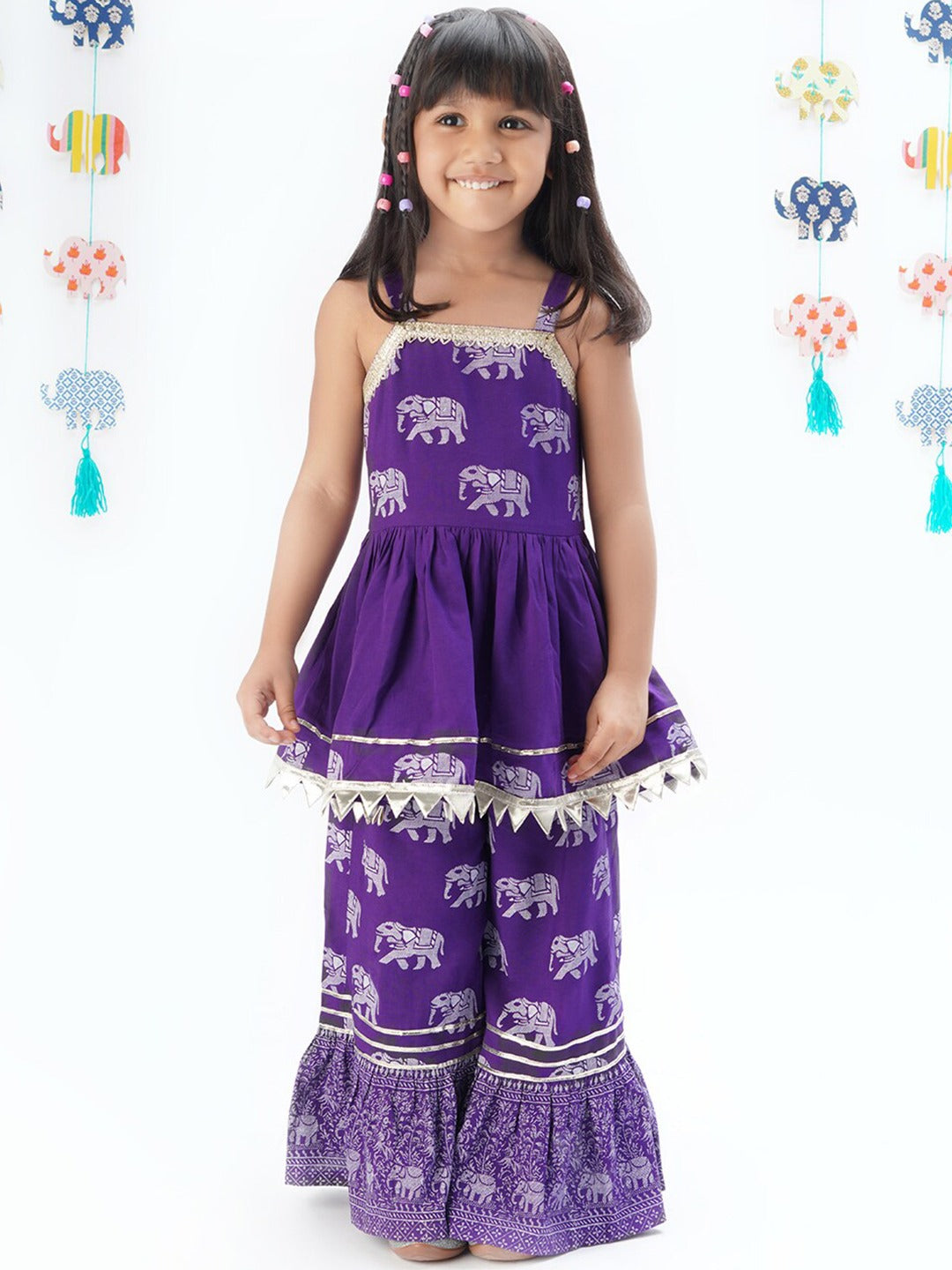 Girls Ethnic Printed A-Line Kurta With Sharara