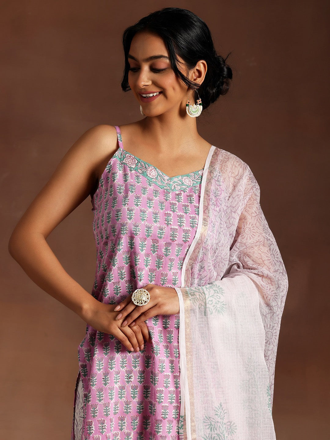 Floral Printed Shoulder Straps Pure Cotton Kurta With Palazzos & Dupatta