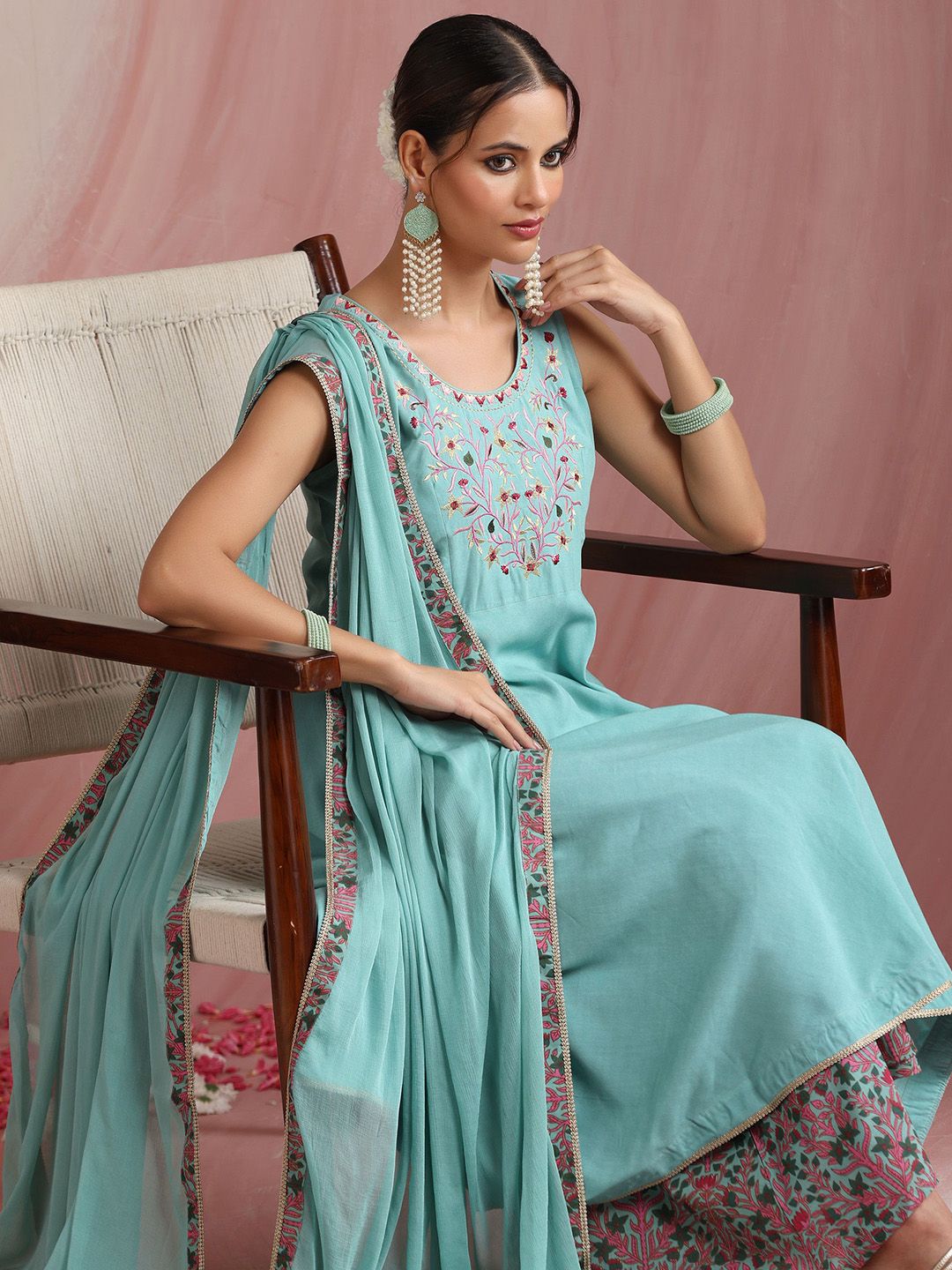 Women Floral Embroidered A-Line Kurta with Palazzos & Dupatta